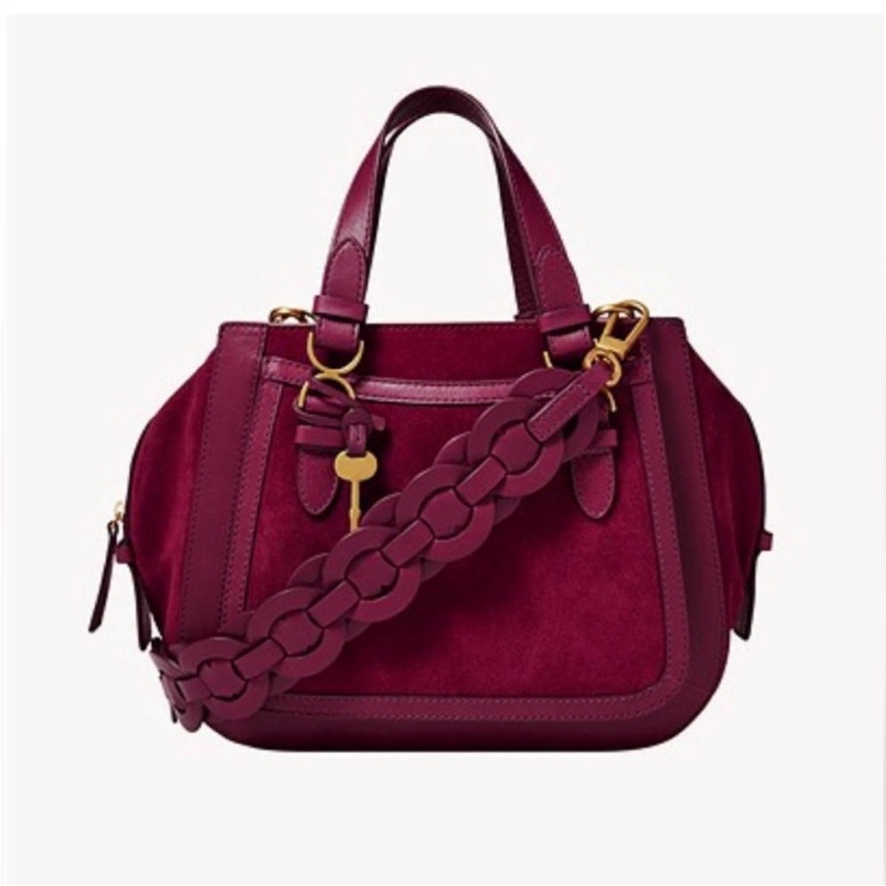 Fossil burgandy Satchel with Gold Accents and two Detachable Straps